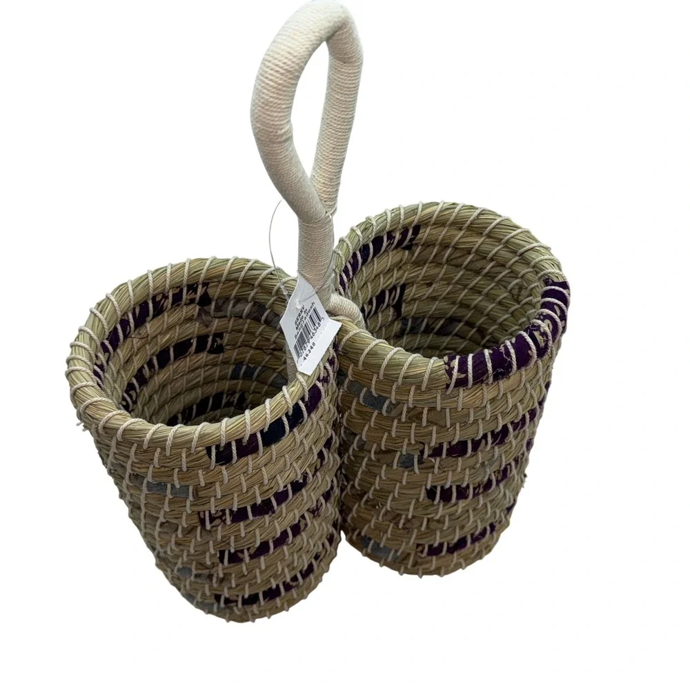 Handmade Seagrass Woven Basket, Double Bottle/Wine Carrier Storage, Boho Organic